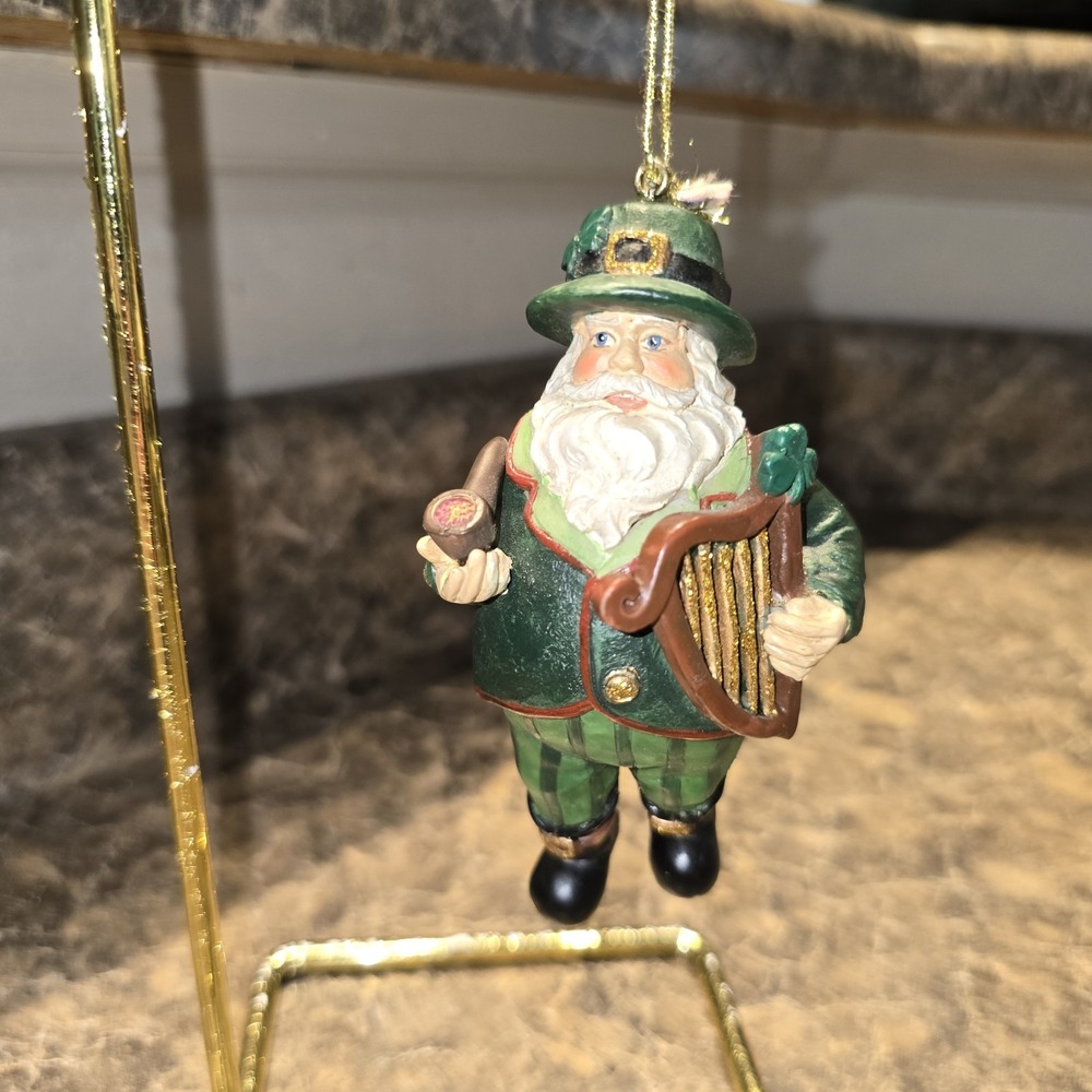 Irish Santa Ornament Harp Pipe Shamrock Green Christmas 4.5 in